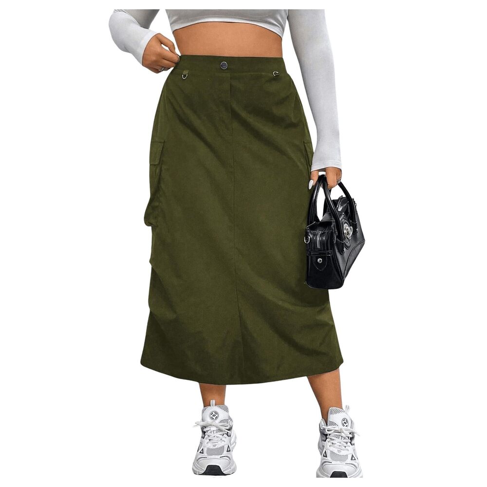 8615 Plus Size Elastic High Waist Cargo Skirt Casual Solid Midi Skirts Army